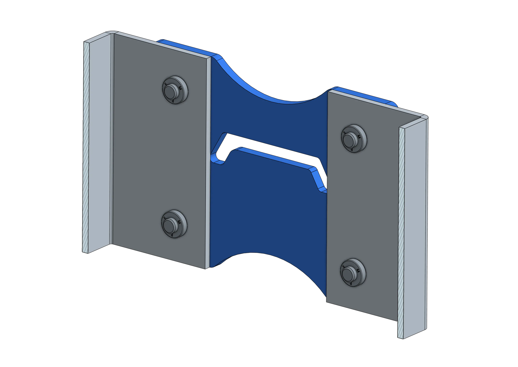 A sheet metal bracket modeled with PEM nuts as separate bodies, highlighted in blue, at each mounting hole