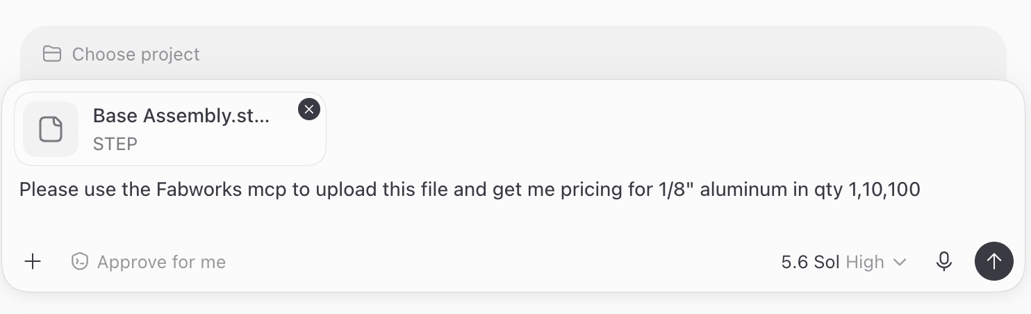 A prompt to an AI agent asking the Fabworks MCP server to upload a STEP file and price several quantities